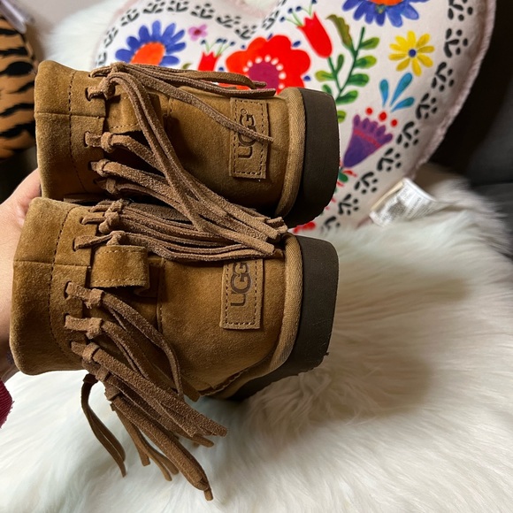 UGG Wynona Chestnut with Brown Lining Fringe Detail Ankle Boots - Picture 9 of 13